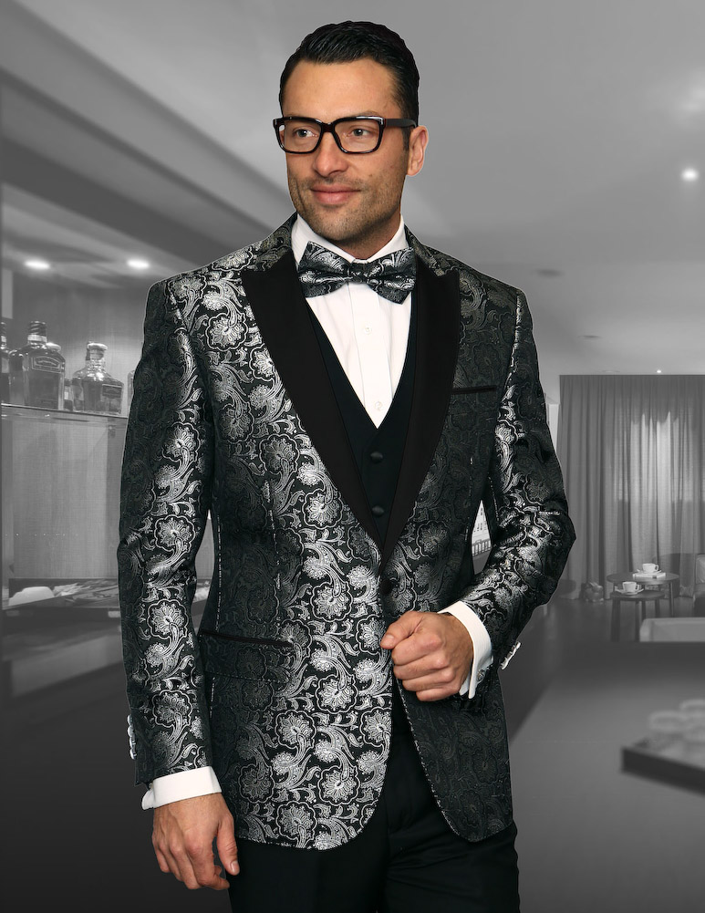 Bellagio-4 CLASSIC BLACK 3PC 1 BUTTON MENS SUIT WITH TRIM ON Bellagio-4 CLASSIC BLACK 3PC 1 BUTTON MENS SUIT WITH TRIM ON